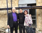 Archbishop Michael Jackson, Canon Hatem and Mrs Elizabeth Shehadeh outside Akko Church which is being restored having been closed since 1948. (Photo: Linda Chambers)