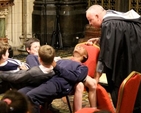 The Revd Nigel Mackey and four volunteers engaged in a trust exercise during the Diocesan Schools Service in Christ Church Cathedral. 