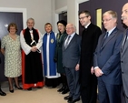 Alleyn Manley, chairman of the building committee; Sandra Moore, centre manager and glebe warden; the Archbishop of Dublin, the Most Revd Dr Michael Jackson, Nigel Pierpoint, diocesan reader; Mrs Sabina Higgins, President Michael D Higgins; the Rector, the Revd Niall Sloane; Lucian Anton, builder; and architect Peter Roberts at the official opening of the refurbished Carry Centre at Holy Trinity, Killiney.