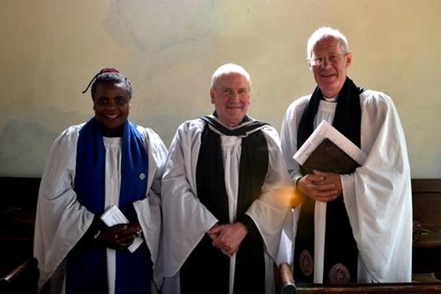 At the Harvest Thankgiving service in St Mary’s Church, Clonsilla and St. Brigid’s Church, Castleknock Archdeacon Gordon Linney (who preached at both services), Stella Obe and Revd Paul Houston. (Photo: Philip Good)