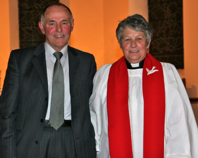 The new rector of Donoughmore and Donard with Dunlavin, Revd Olive Henderson, with her husband, Ernest, following her institution in St Nicholas’ Church, Dunlavin. 