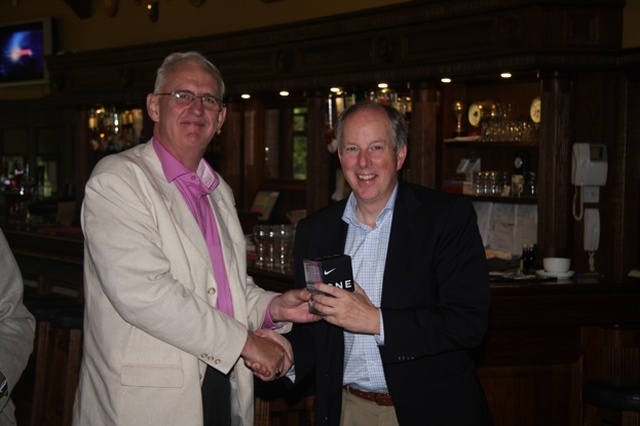 The Bishop of Derry and Raphoe, the Rt Revd Ken Good (right) receives the second prize on behalf of his diocese in the inter-diocesan Golf Tournament in Woodenbridge from the Archbishop of Dublin, the Most Revd Dr John Neill. Derry and Raphoe came second to Dublin and Glendalough in the tournament.