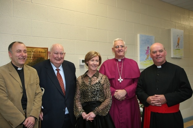 Pictured at the official opening of a new school building for Blessington No 1 School are (left to right), the Revd Leonard Ruddock, Rector of Blessington, Jack Boothman, Past Pupil and former President of the GAA, Lilian Murphy, Principal, the Most Revd Dr John Neill, Archbishop of Dublin and Bishop of Glendalough and the Venerable Ricky Rountree, Archdeacon of Glendalough.