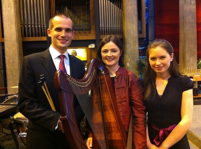 Percussionist Roger Moffatt, harpist the Revd Anne-Marie O'Farrell and organist Carole O'Connor at St Michael's Church in Dún Laoghaire after they performed the premiere of Anne-Marie's piece 'The Lauding Ear' at the annual summer recital series.
