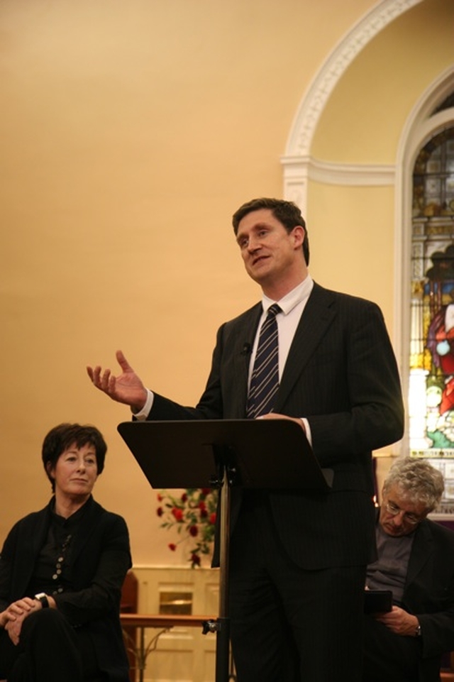 Pictured is the Minister for Communications, Energy and Natural Resources, Eamon Ryan TD speaking at one of a series of Ecumenical Lenten Lectures in Rathfarnham. Also pictured is Kathy Sheridan of the Irish Times and Fr Martin Noone of the Church of the Annunciation in Rathfarnham. 
