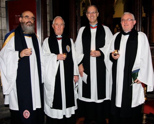 Pictured at the Church of Ireland Theological Institute’s Advent Carol Service which took place in the Lady Chapel of St Patrick’s Cathedral on December 4 were Canon Dr Patrick Comerford, the Dean of the cathedral, the Very Revd Victor Stacey, director of CITI, the Revd Dr Maurice Elliott and CITI lecturer, the Revd Dr Patrick McGinchey. 