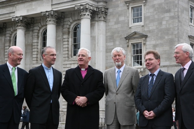 Pictured at the signing of an agreement between the Church of Ireland and Trinity College Dublin which introduces  a new course for training for ordained ministry in the Church of Ireland are (left to right), Andrew McNeile, Ministry Formation Project Co-ordinator (Church of Ireland), the Revd Dr Maurice Elliot, Director of the Church of Ireland Theological Institute, the Archbishop of Dublin, the Most Revd Dr John Neill, the Provost of Trinity College, Dublin Dr John Hegarty, Professor Juergan Barkoff, Registrar of Trinity College Dublin and Mr Michael Gleeson, Secretary of Trinity College, Dublin.