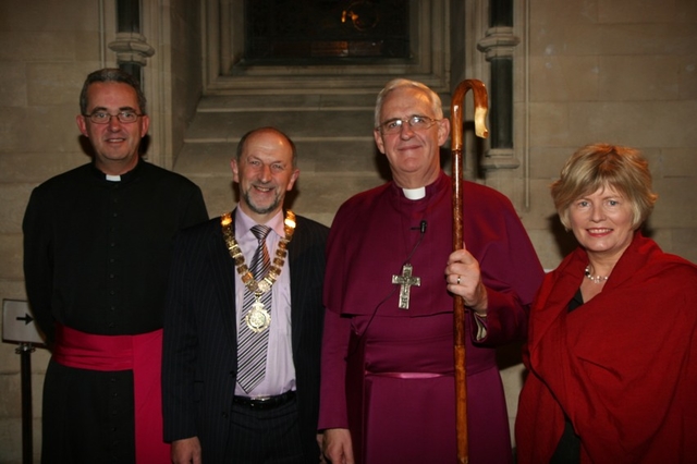 The Archbishop of Dublin, the Most Revd Dr John Neill and the Dean of Christ Church Cathedral, the Very Revd Dermot Dunne with Mr Declan Kelleher, President of the INTO and his wife at the Diocesan Schools Service in Christ Church Cathedral.