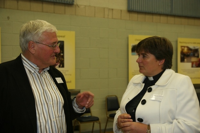 The Revd Gillian Wharton (St Thomas and Mount Merrion) with one of her parishioners Michael McWilliams during a break in the Dublin and Glendalough Diocesan Synods in Christ Church Taney. 