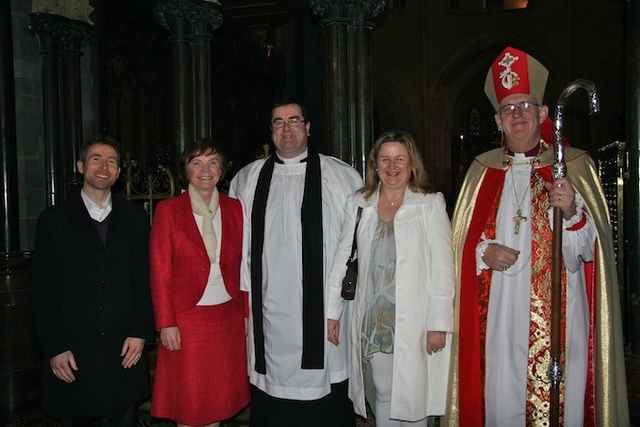 The Revd J P Kavanagh, Rector of Kells Priory (centre) and his wife, pictured at his commissioning as the new DIT Chaplain in Christ Church Cathedral with and Finbarr O’Leary, lay chaplain at DIT Cathal Brugha Street; Sr Mary Flanagan, co-ordinator of DIT Chaplaincy Service and the Most Revd Dr John Neill, Archbishop of Dublin.