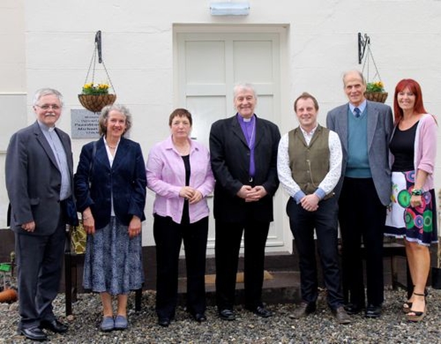 Archbishop Michael Jackson visited the Tiglin Centre which helps people deal with addiction while on a visit to Killiskey Parish, Glendalough. Pictured are the Revd Ken Rue, Ann Newton, Lesley Rue, Archbishop Jackson, Phil Thompson (centre manager), John Lankaster and Bernadette Glover. 
