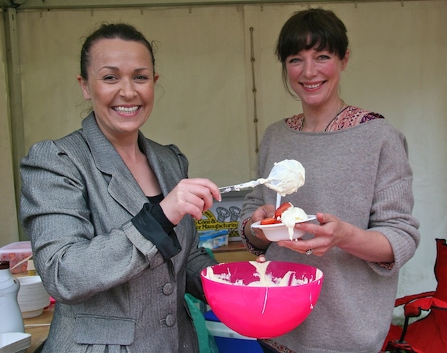 Criona O'Daly and Carrie Gargan providing strawberries and cream at the Dalkey Parish Fête in the grounds of St Patrick’s Church.