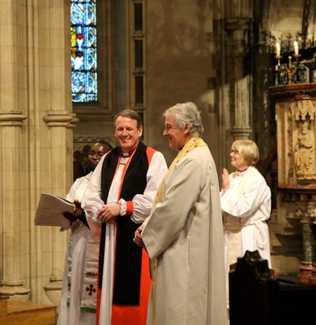 The newly consecrated Bishop of Limerick, Killaloe and Ardfert, the Right Revd Kenneth Kearon, with the Archbishop of Dublin, the Most Revd Dr Michael Jackson in Christ Church Cathedral, Dublin. Also in the picture is the Bishop of Meath and Kildare, the Most Revd Pat Storey. 