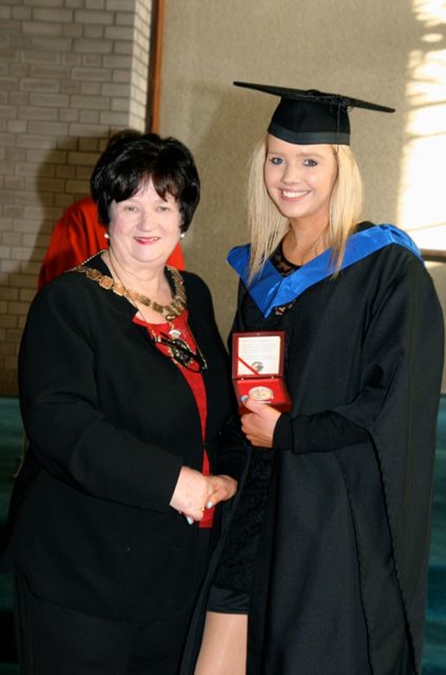 President of the INTO, Anne Fay, presents the Vere Foster Medal to Sorcha O’Farrell from Celbridge, County Kildare, at the Church of Ireland College of Education B.Ed Graduation Ceremony 2012 which took place in the college chapel. 