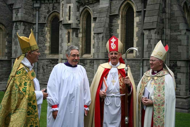 Pictured (2nd from left) is the Rt Revd Trevor Williams prior to his consecration as Bishop. Also is (2nd right) the Archbishop of Dublin, the Most Revd Dr John Neill who officiated the Archbishop of Armagh, the Most Revd Alan Harper (left) and the Bishop of Meath and Kildare, the Most Revd Richard Clarke (right) who assisted.