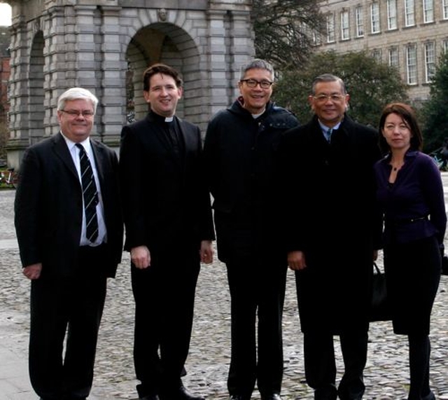 Dr Kerry Houston, Director of Chapel Music at TCD and Treasurer of the Dublin University Far Eastern Mission; the Revd Darren McCallig, Dean of Residence and Church of Ireland Chaplain at Trinity College Dublin in the Trinity College Chapel; the Revd Peter Koon, Provincial Secretary General of the Hong Kong Sheng Kung Hui (Anglican Province of Hong Kong); Elder Fu Xianwei, the Chairperson of National Committee of Three–Self Patriotic Movement of the Protestant Churches in China; and Professor Linda Hogan, Vice Provost of Trinity College Dublin in Trinty College on March 19 during the visit of Elder Fu to Dublin. 