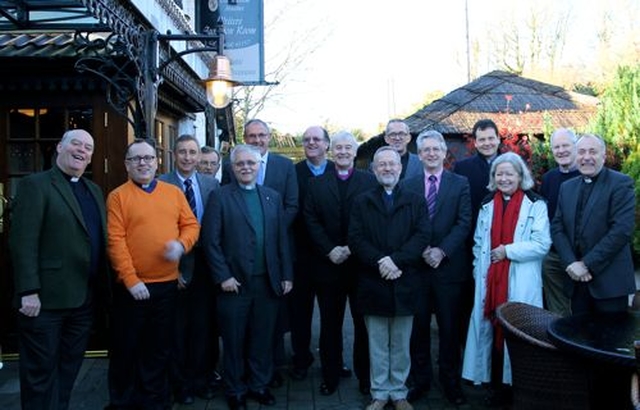 Pictured are Archdeacon Ricky Rountree (Powerscourt with Kilbride), the Revd Brian O’Reilly (Rathdrum and Derralossary with Glenealy), the Revd Roley Heaney (Dunganstown, Redcross and Conary), Canon Nigel Sherwood (Arklow, Inch and Kilbride), the Revd Ken Rue (Wicklow and Killiskey), Canon Trevor Stevenson (Crinken), the Revd Baden Stanley (Bray), Archbishop Michael Jackson, the Revd Nigel Waugh (Delgany), Dean Dermot Dunne, Canon Fred Appelbe (Rathmichael), the Revd David Mungavin (Greystones), the Revd Terry Alcock (NSM, Blessington), Canon David Moynan (Kilternan) and the Revd Leonard Ruddock (Blessington) at the annual Glendalough Clergy Day in Laragh. 