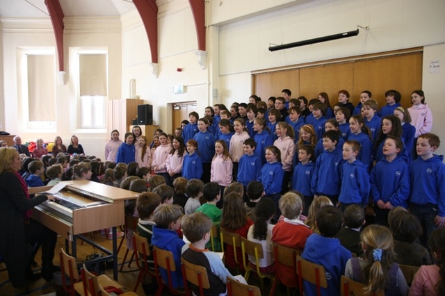 Pupils of a South Dublin School singing at the re-dedication of their school buildings following extensive refurbishment.