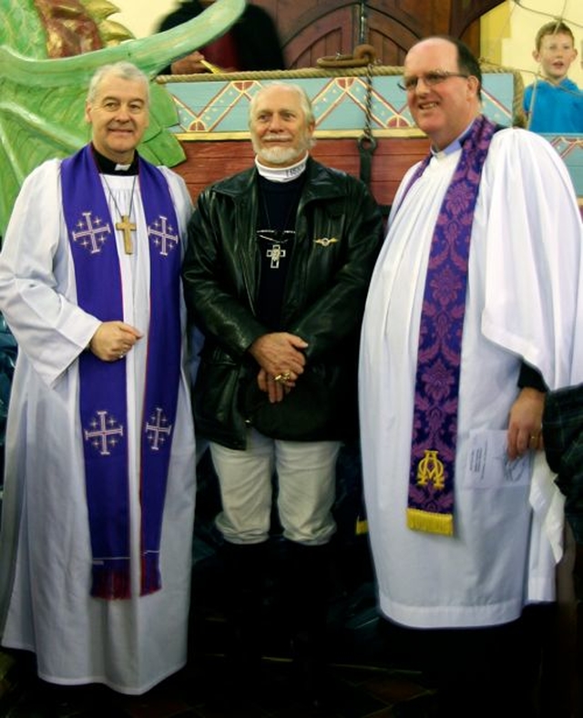 Archbishop Michael Jackson, Douglas Gresham, stepson of CS Lewis and the Revd Baden Stanley in front of the Dawn Treader which forms part of the Narnia Festival which opened in Christ Church Bray on Ash Wednesday and runs until Easter Sunday.