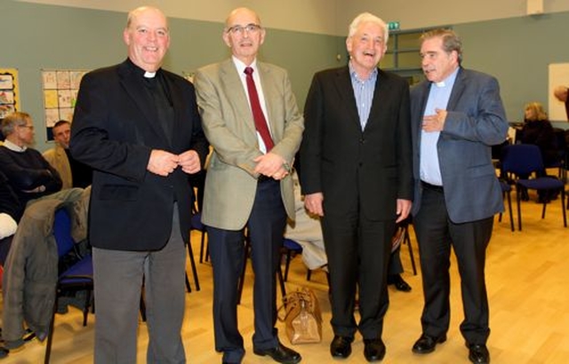 Rector of Powerscourt and Kilbride, Archdeacon Ricky Rountree; Dr Tom Carey of St Mary’s Parish, Enniskerry; Fr Tony Flannery; and the Revd Terry Lilburn, curate assistant of Powerscourt and Kilbride in Powerscourt National School Hall where Fr Flannery spoke at one of a series of ecumenical Lent talks. 