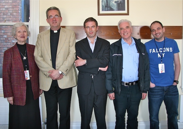 Panel at the Rubicon Conference in Rathmines Town Hall; Phyllis Tickle, author of The Great Emergence; the Very Revd Dermot Dunne, Dean of Christ Church Cathedral; Gavin Jennings, Senior News Anchor at RTÉ Radio One and panel chair; Fr Peter McVerry of the Homeless Trust; and Alan Scott of the Causeway Vineyard. The conference is part of the Rathmines Church Project, due to be launched on Easter Sunday.