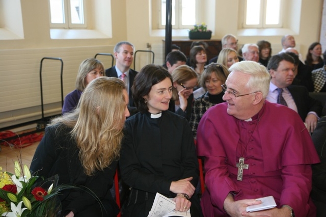 Pictured chatting at the re-dedication of a South Dublin school are (left to right) the Revd Sonia Gyles, the Revd Anne-Marie O'Farrell and the Most Revd Dr John Neill, Archbishop of Dublin.