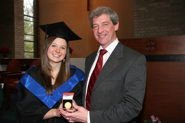 Pictured is Wendy Kingston, B Ed Graduate from the Church of Ireland College of Education receiving her Gold Medal Award from Dr Aidan Seery of Trinity College Dublin awarded to the student who has shown exceptional merit at the annual degree examination in honors or professional courses.