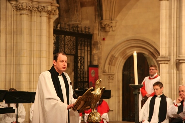 The Revd Roy Byrne, Rector of Drumcondra and North Strand reading a lesson at the Christ Church Cathedral Charity Carol Service in aid of the LauraLynn Foundation and the Sunshine House.