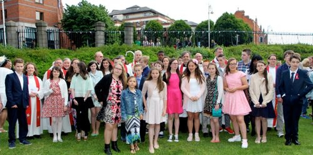 A total of 43 candidates from nine parishes in Dublin and Glendalough were confirmed by Archbishop Michael Jackson in Christ Church Cathedral yesterday (Sunday June 8). The parishes involved were Powerscourt, Clontarf, Raheney and Coolock, Howth, Tallaght, St Catherine and St James with St Audoen, Donnybrook and Irishtown, Monkstown and Santry and Glasnevin with Finglas. The candidates are pictured with the Archbishop and their Rectors outside Christ Church Cathedral after the service. 