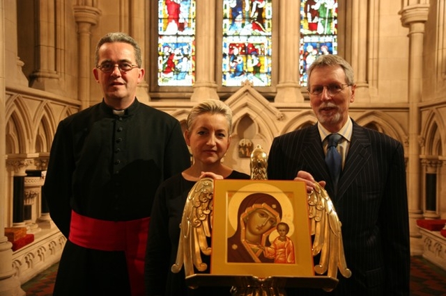 At the launch of Icons in Transformation featuring the work of Ludmila Pawlowska and traditional Russian Icons are (left to right) the Dean of Christ Church Cathedral, the Very Revd Dermot Dunne, Ludmila Pawlowska, artist and Des Campbell of Christ Church Catherdral. The Icon featured is Our Lady of Kazan. The exhibition will open to the public from 10 June to 19 July. 