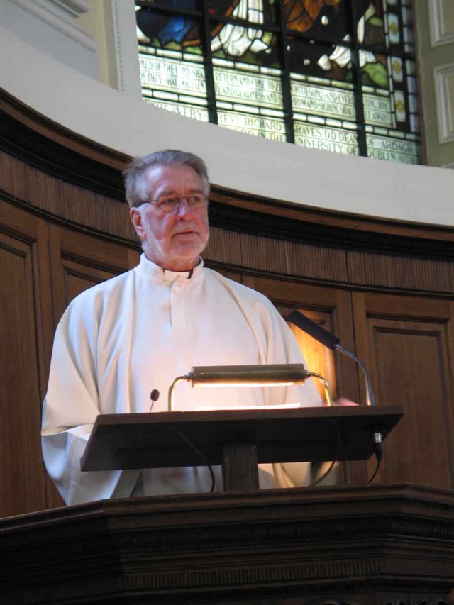 The Revd Colin Coward of Changing Attitude speaking in Trinity College Dublin Chapel.