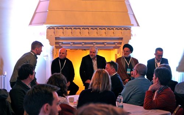 Q Commons Dublin City leader Greg Fromholz with the faith panel: the Very Reverend Kieran  McDermott, Nick Park, Dr Ali Alsaleh and the Very Revd Dermot Dunne at Q Commons Dublin in Christ Church Cathedral. 