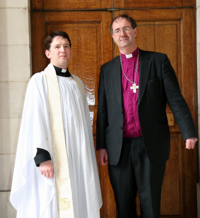 Dean of Residence at TCD and Church of Ireland chaplain, Revd Darren McCallig and Bishop of Cashel and Ossory, Rt Revd Michael Burrows following  the special service to celebrate 250 years of Trinity Chapel Choir.
