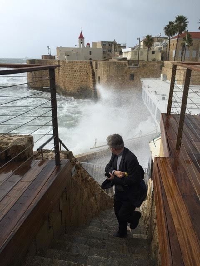 The Revd Ken Rue escapes a wave at Akko during the visit of a delegation from Dublin and Glendalough to the Diocese of Jerusalem. (Photo: Linda Chambers)