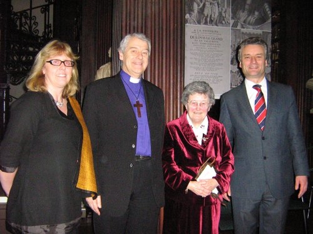 Professor Jane Ohlmeyer, Archbishop Jackson, Dr Muriel McCarthy and Provost Patrick Prendergast in the Long Room of Trinity College Dublin on the occasion of the retirement of Muriel McCarthy as Keeper of Marsh’s Library. The Archbishop is chairman of our Governors and Guardians and the Provost and Professor Ohlmeyer are on the board of Governors.