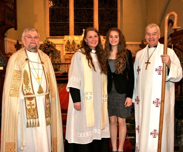 The new Vicar of Christ Church Dun Laoghaire, the Revd Ása Björk Ólafsdóttir and her daughter Messíana Kristinsdóttir (centre) with the Archbishop of Dublin, the Most Revd Dr Michael Jackson (right) and the Right Revd Kristján Valur Ingólfsson, Bishop of Skálholt, Iceland (left), following her service of introduction on Thursday January 31.