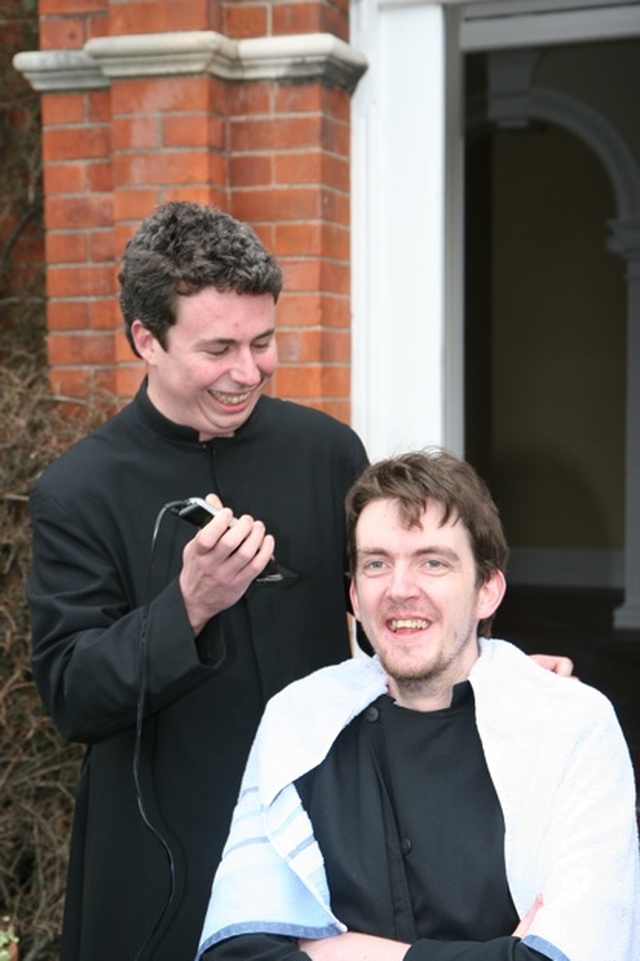 Robert Ferris about to get his head shaved by fellow ordinand at the Church of Ireland Theological Institute, David McDonnell. Six ordinands in the Institute shaved their heads to raise funds for  St Francis Hospital in Zambia through USPG Ireland. A further four ordinands had their legs waxed and another had her hair dyed purple to support the project. Donations may be sent to: ‘Head Shave’, Church of Ireland Theological Institute, Braemor Park, D14. Contact Patrick Burke at  pathros@eircom.net.