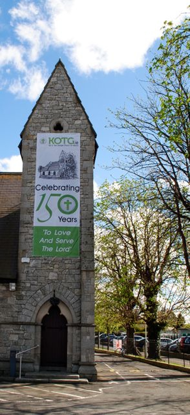 Kill O’ The Grange Church with its 150th Anniversary banner (Photo: Peter Rooke)