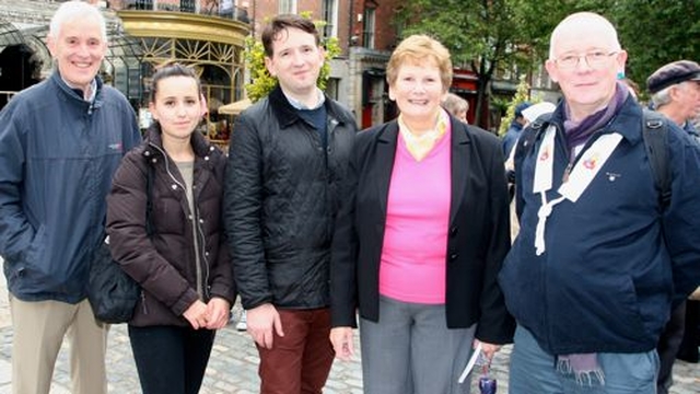 Andrew Wortley, Emma Reilly, Revd Darren McCallig, Alison Wortley and Aksobhin Tracey outside the Mansion House at the end of Dublin Interfaith Forum’s first Walk of Peace to mark UN International Day of Peace. 