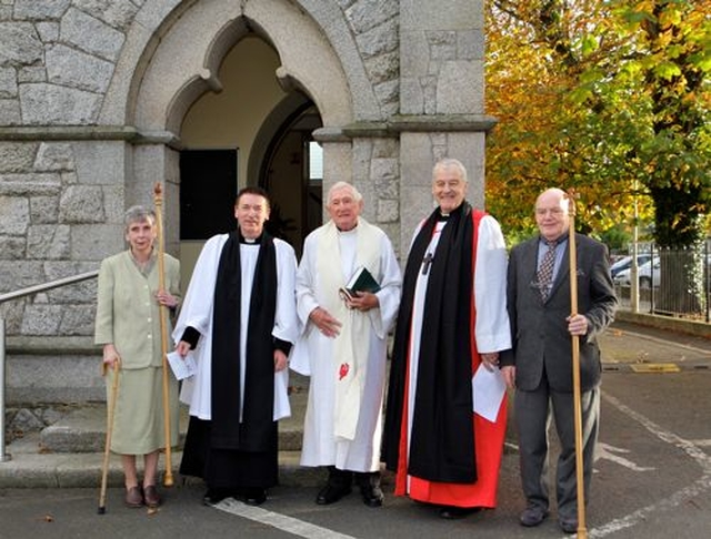 Church warden Aideen La Combre, Rector the Revd Arthur Young, former Rector Canon Billy Gibbons, Archbishop Michael Jackson and church warden George La Combre outside Kill O’ the Grange Church before their parish’s 150th anniversary service. 