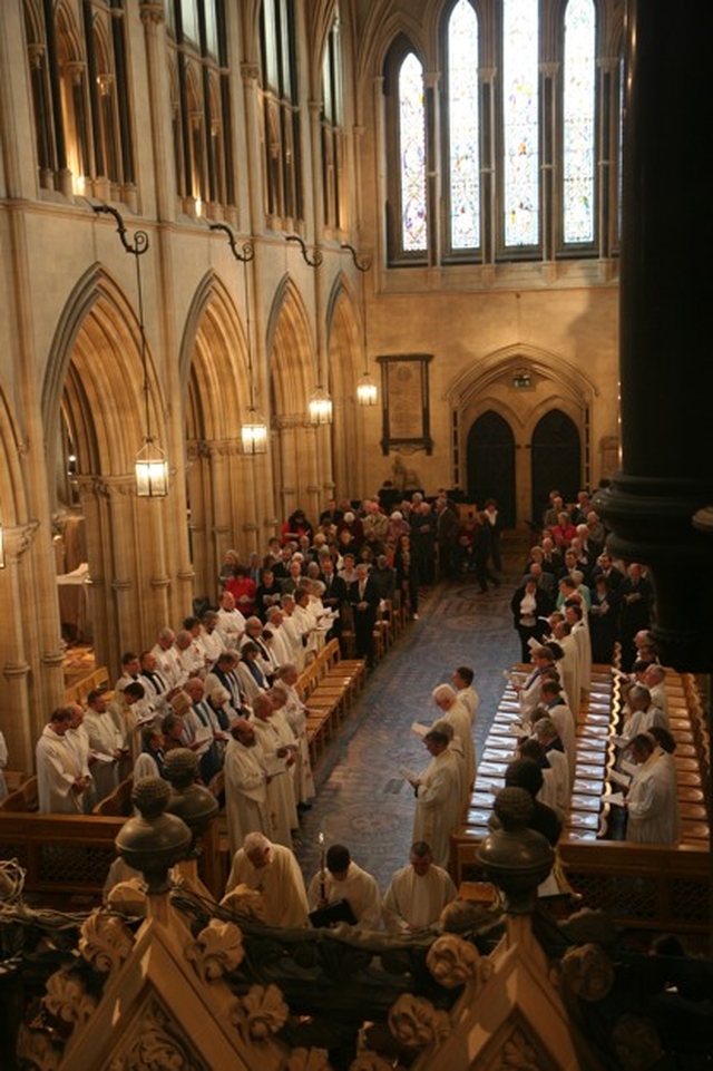 The clergy and lay readers assembled in Christ Church Cathedral for Chrism Eucharist and the commissioning of Lay Ministers and the new Director of Lay Ministry.