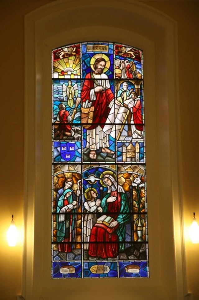 Stained glass in St Ann's Church, Dawson Street, Dublin featuring St Mark (above) and St Ann (below) and the coat of arms of Dublin city. The church was recently re-opened following refurbishment.