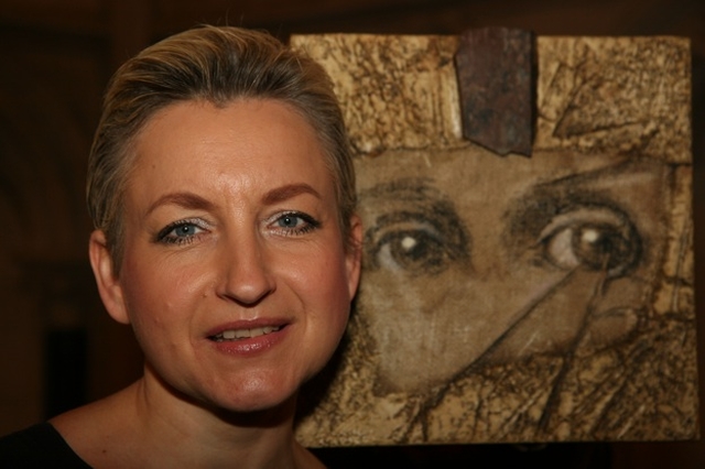 Artist Ludmila Pawlowska with one of her works at the launch of Icons in Transformation in Christ Church Cathedral. The exhibition will open on 10 June and will be in the Cathedral until 19 July.
