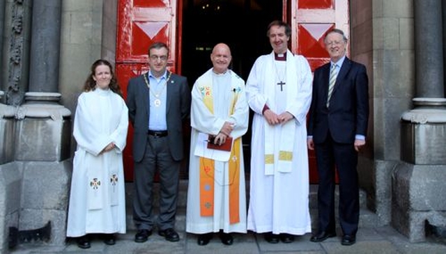 Pictured before the service commemorating the 100th anniversary of Cumann Gaelach na hEaglaise in St Ann’s Church, Dawson Street, were the Revd Elaine Dunne, Cllr Mícheál Mac Donncha, Canon David Gillespie, Bishop Michael Burrows and Dáithí Ó Maolchoille.