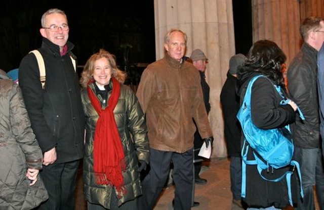 The Dean of Christ Church Cathedral, the Very Revd Dermot Dunne, and the Revd Nancy Gosling who is on sabbatical in Christ Church Cathedral for three months, taking part in the Ecumenical Procession of the Cross through the streets of Dublin on Good Friday. 