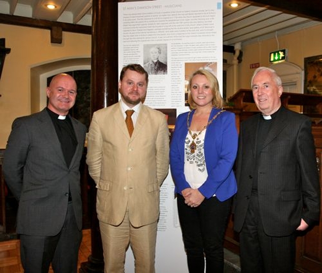 Vicar of St Ann’s, Revd David Gillispie; Stuart Kinsella who put the new exhibition in the church together; Deputy Lord Mayor of Dublin, Cllr Claire Byrne; and the Dean of St Patrick’s Cathedral, the Very Revd Victor Stacey at the opening of the new exhibition in St Ann’s Church, Dawson Street and the official opening of the first Dublin Stoker Festival. 