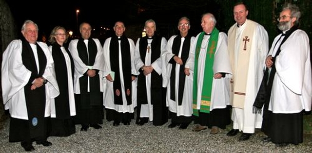 The Revd Jack Black, the Revd Ruth Elmes, the Revd Leonard Ruddock, Archdeacon David Pierpoint, Archbishop Michael Jackson, the Revd Ian Gallagher (Rector of Stillorgan and Blackrock), the Revd Kevin Dalton, Fr Tony Coote and the Revd Robert Marshall (Curate at Stillorgan and Blackrock) before the special service to celebrate 300 years of St Brigid’s Church in Stillorgan which took place on St Brigid’s Day. 