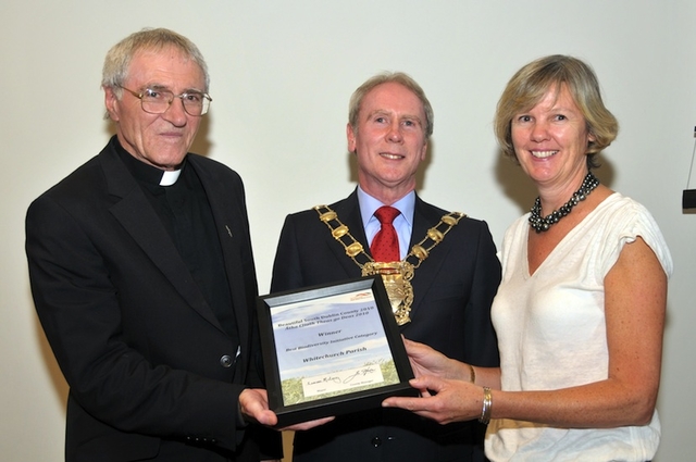 Receiving their award at County Hall, Tallaght, were Canon Horace McKinley, Rector of Whitechurch Parish; Councillor Eamonn Maloney; and Pamela Sheil, Whitechurch Parish Eco-Congregation Representative. Photo: Tommy Keogh
