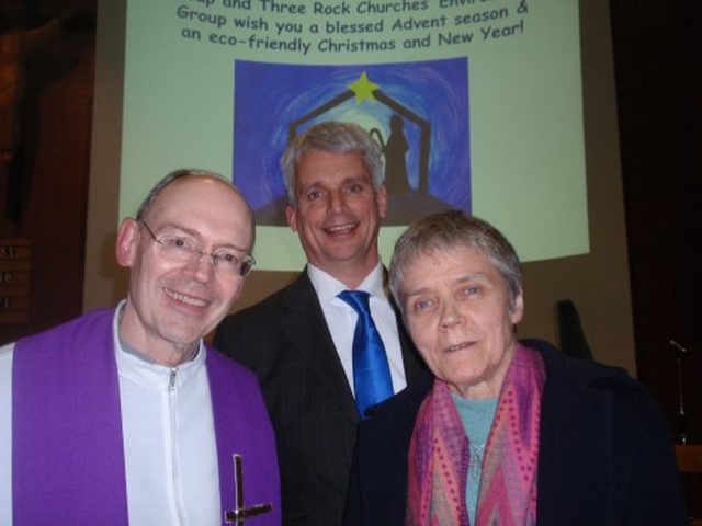 Eco–Congregation attendees: Father Dermot Lane, Parish Priest at the Church of the Ascension of the Lord in Ballaly, Dublin; environmentalist, Gavin Harte, and Sister Catherine Brennan, chair of Eco–Congregation Ireland