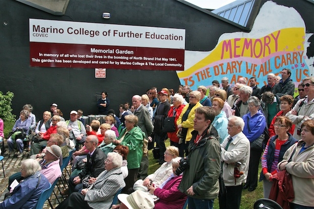 A section of the crowd at the memorial ceremony to commemorate the 70th anniversary of the North Strand Bombing in the Memorial Garden at Marino College of Further Education. 